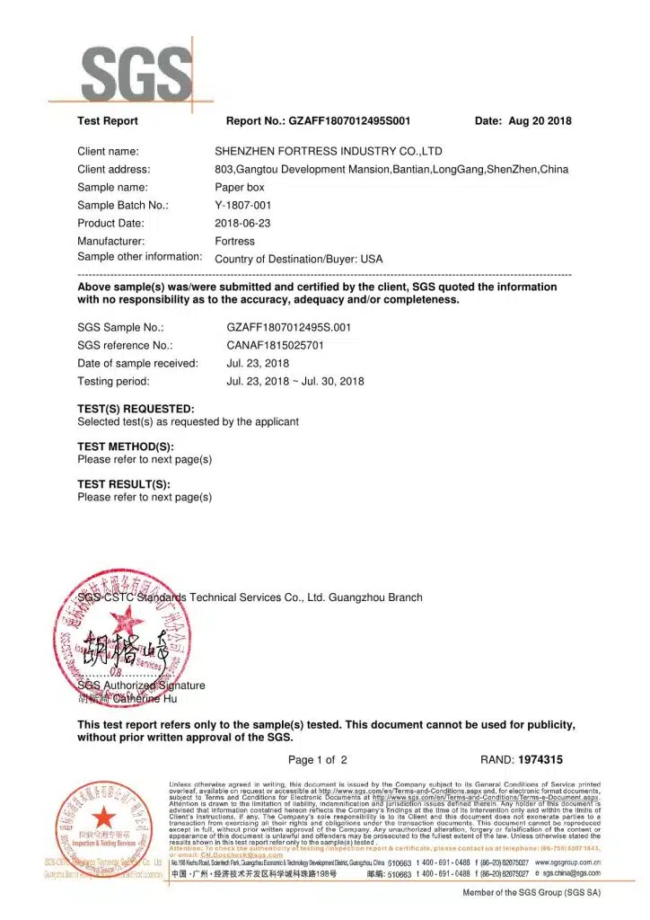 fortresspackage Supplier supplies Paper Box testing certificate-USA