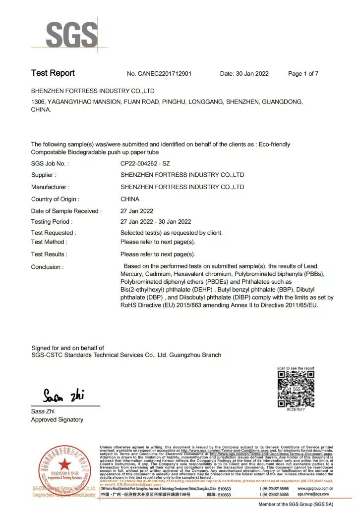 fortresspackage-com Compostable Biodegradable-push-up-paper-tube boxes packaging certificate